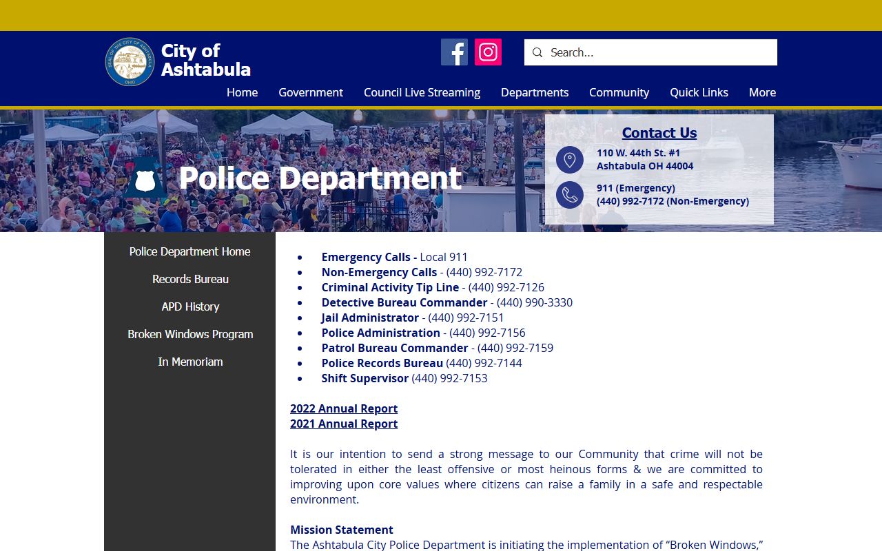 Official City of Ashtabula Police Department page with jail administrator and records bureau phone numbers