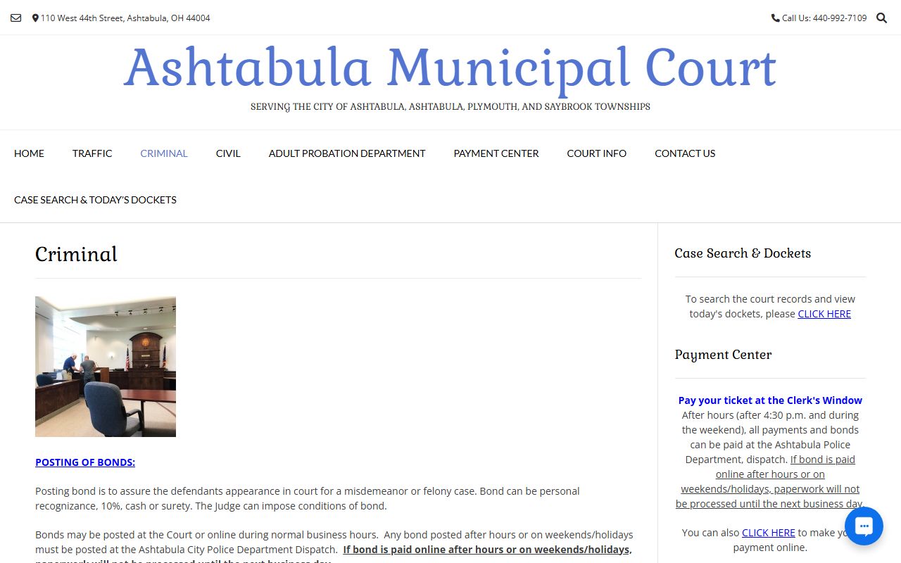 Ashtabula Municipal Court criminal bond page for court records after jail arrest