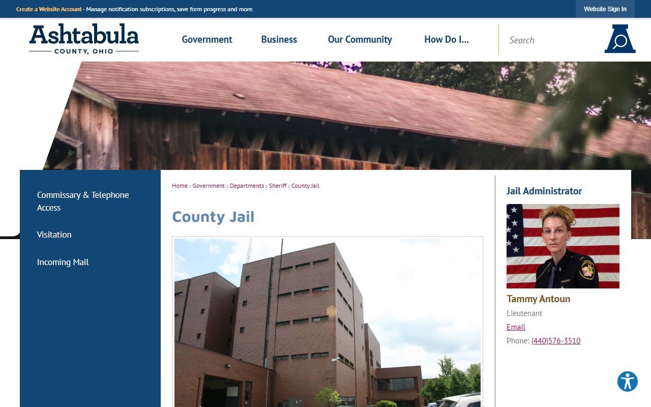 Official Ashtabula County Jail page showing the jail address, photo, and capacity details