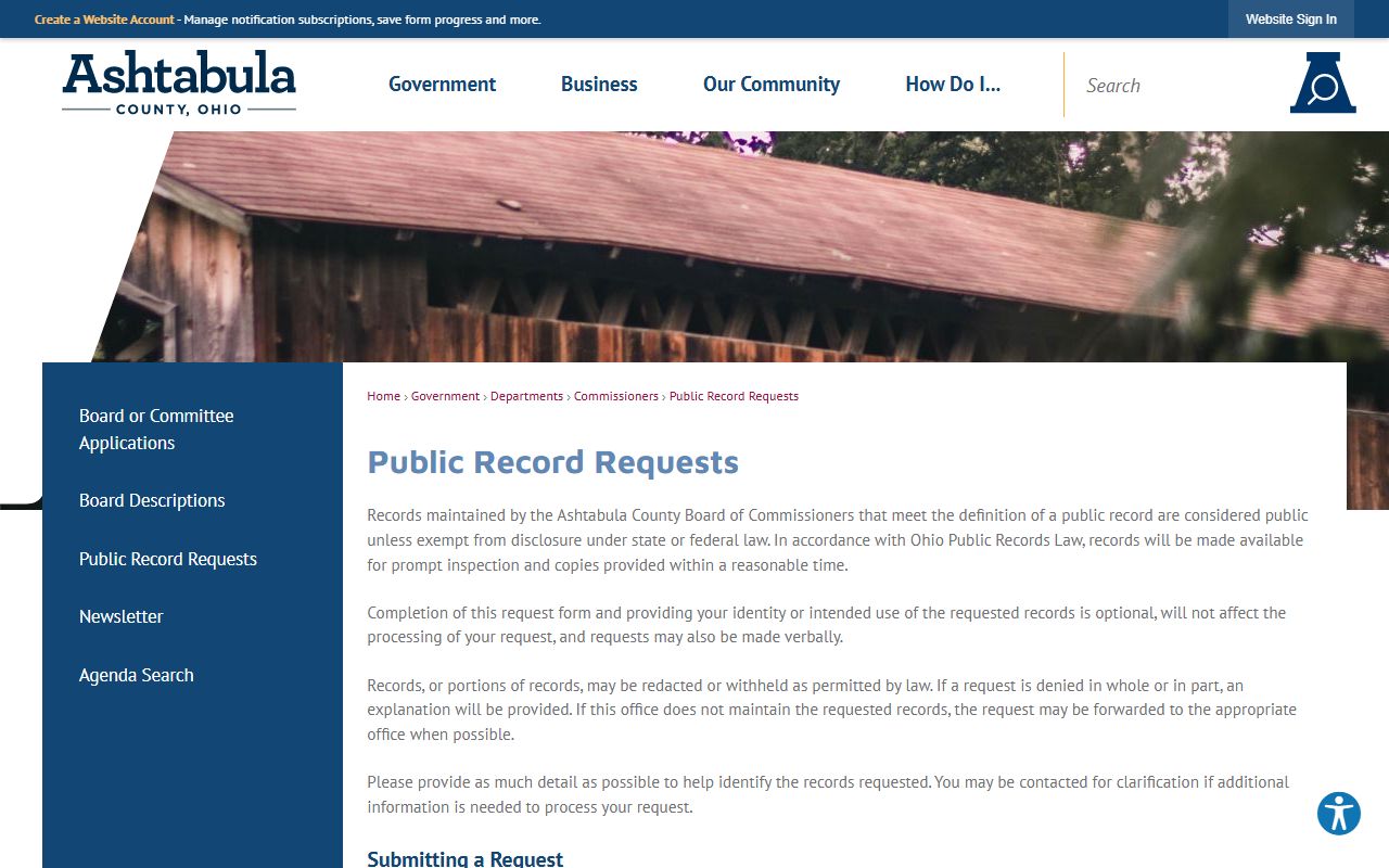 Ashtabula County inmate population public records request options