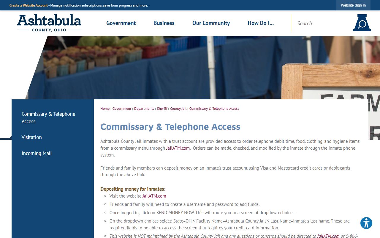 Ashtabula County jail inmate records commissary phone and CIDNET details