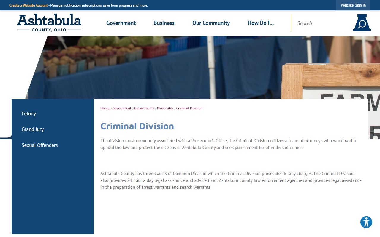 Ashtabula County prosecutor criminal division for felony court records after arrest