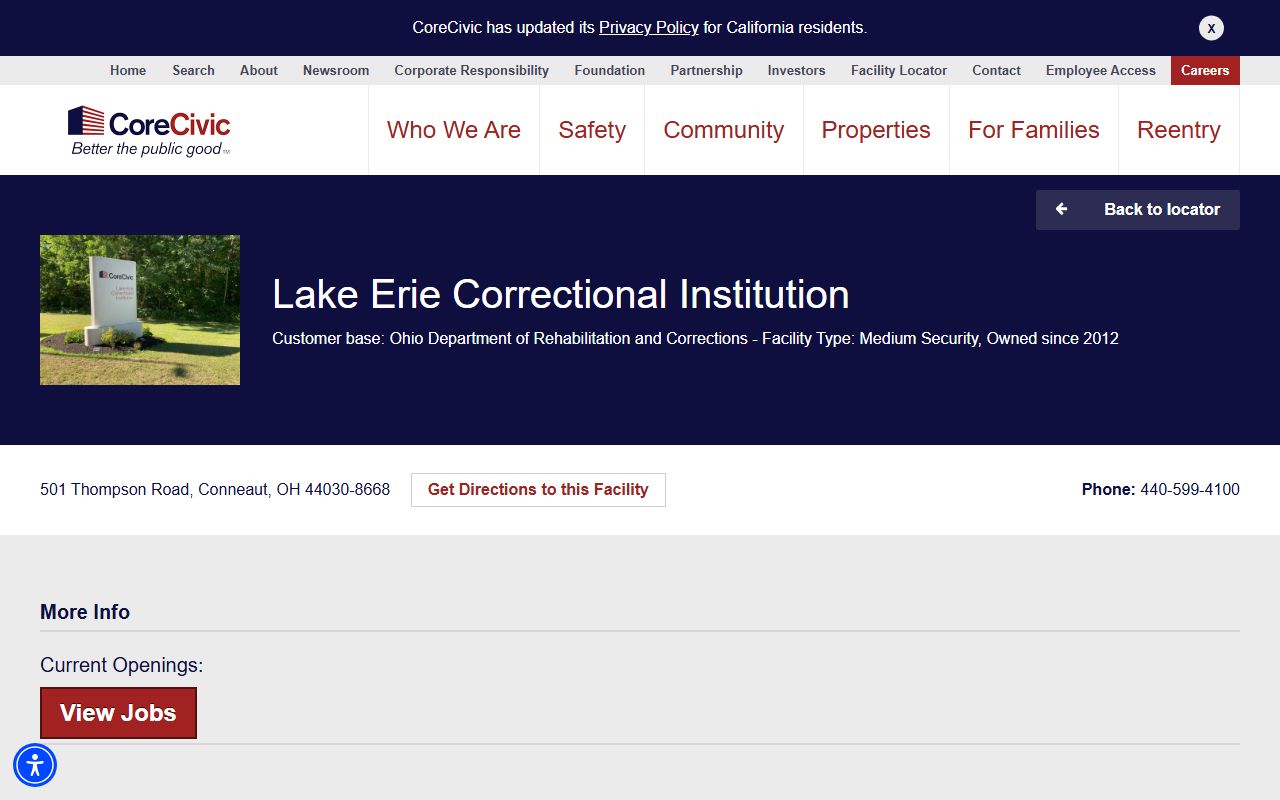 CoreCivic page for Lake Erie Correctional Institution with address, phone, and medium-security details
